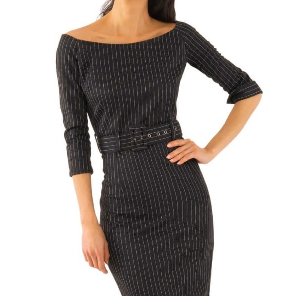 Bateau Neck Stretch Dress - Pinstripe